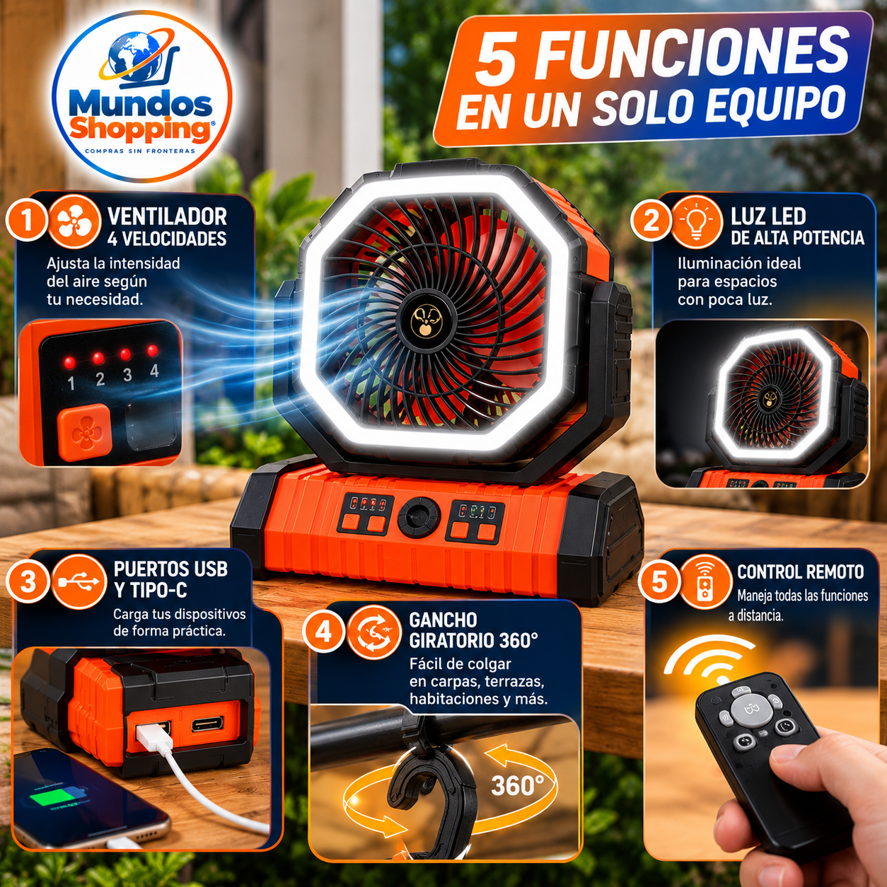 ventilador-portatil-recargable-f6-luz-led-control-remoto - Imagen 4